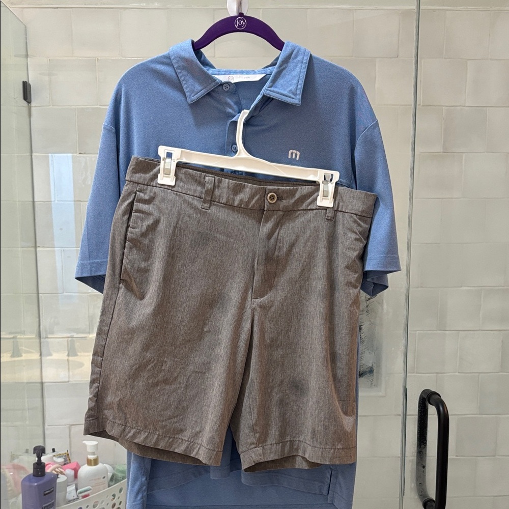 Travis Mathew Blue Polo Shirt and Gray Shorts